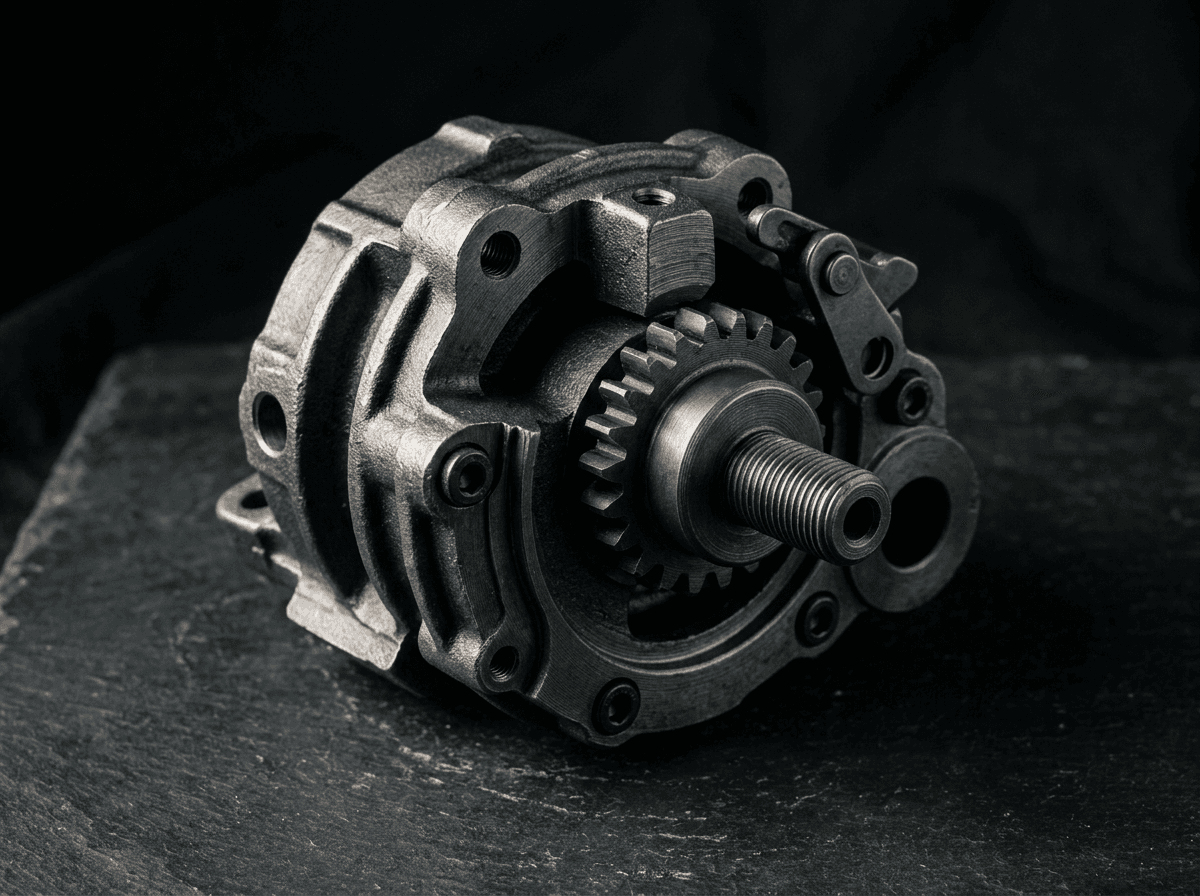 Cooled cast iron mechanical part under studio lighting.